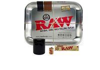 Raw"Metallic" Large Rolling Tray, Organic King Size Slim Papers, Hemp Wick, with Leaf Lock Gear Air-Tight UV Glass Stash Jar - 4 Item Bundle