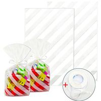ADIDO EVA Striped Cellophane Treat Bags 100 Packs White Striped Cookie Bags 8.3 x 5.1 x 1.6 in Clear Plastic Treat Bags for Cookie Candy Snack Wrapping Party Favor Bags