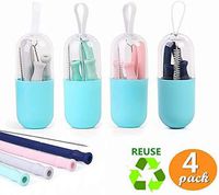 4 Pack Silicone Reusable Straws Travel Set, Foldable Party Drinking Straws for Wine Tumbler, Outdoor Household Food-Grade Cold Hot Drinking Tools with Case Cleaning Brush - Gift for Kids