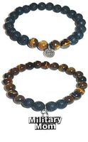 Hidden Hollow Beads Charm Tigers Eye and Black Lava Natural Stone Women's Yoga Beaded Stretch Bracelet Set. Comes in A Gift Box! (Military Mom)