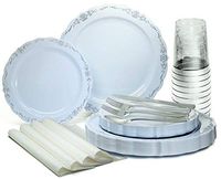 " OCCASIONS" 640pcs set (80 Guests)-Vintage Wedding Party Disposable Plastic Plates & cutlery -80 x 10'' + 80 x 7.5'' + Silver Silverware + Cups + Napkins (Verona in Blue & Silver)