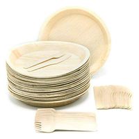 Eco-Friendly Disposable Dinnerware Set of 75 Party Supplies: Large 10" Round Palm Leaf Plates (25), Wooden Forks(25) & Knives (25) - Natural, Compostable