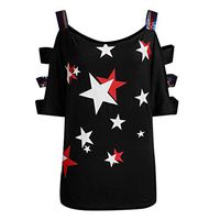 Meikosks Womens Flag Print Tops Plus Size Off Shoulder T Shirt Slings Sleeve Pullover Black