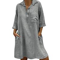 iLUGU Solid Color Linen Dresses for Women Summer Plus Size 3/4 Sleeve T Shirt Dress Gray