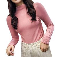 HNTDG Autumn Winter Womens Turtleneck Long Sleeve Knit Pullover Sweater Solid Velvet Slim Tops Pink