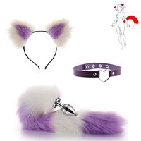 3Pcs Plush Cat Ear Headband Headpiece and Fox Tail Toys an-?l Pl-¨´g Kit Halloween Prom Nightclub Party Costume Cosplay Gift （ Purple and White）-M