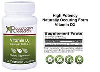 Vitamin D3 1,000 IU High Potency | Vitamin D 1000 (25 mcg) Supplement for Healthy Bones Muscles | Hypoallergenic Supplement for Enhanced Vitamin D Absorption | 100 Vegetarian Caps |Adaptogen Research
