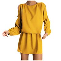 Eoeth Women Sexy Cold Shoulder Solid O-Neck Long Sleeves Hollow Out Mini Dress Fashion Casual Loose Sexy Romper Jumpsuit Yellow