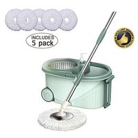 Spin Mop with 5 PCS Microfiber Mop Refills and Stainless Steel Rotating Bucket Set Mop and Bucket on Wheels for Floor Cleaning