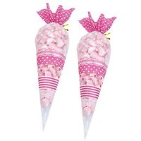 Artibetter 100pcs Clear Cone Bags Transparent Sweet Treat Cello Bags with 100 Gold Twist Ties for Holiday Wedding and Party (Pink)