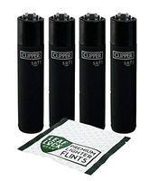 Clipper Soft Lighters- Black with Leaf Lock Gear Premium Flints- 5 Item Bundle