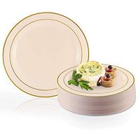 Elegant Disposable Plastic Dinner Plates 120 Pcs - 10.25" Heavy Duty Fancy Ivory with Gold Trim Dinner Plates - Reusable Bulk Party Supplies For Wedding, Easter, Thanksgiving, Birthday & All Occasions