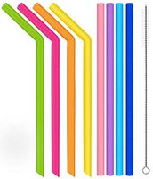 Multi Color Reusable Eco-Friendly Flexible No Rubber Taste Silicone Straws (8 Multi-Color 4 Bent 4 Straight + 1 Cleaner Brush)