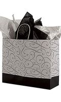 SSWBasics Large Black and Silver Swirl Paper Shopping Bags - 16”L x 6”D x 12 ½”H - Case of 100