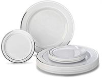 " OCCASIONS " 240 Plates Pack, Heavyweight Premium Disposable Plastic Plates Set 120 x 10.5'' Dinner + 120 x 6.25'' Dessert / Cake Plates (White & Silver Rim)