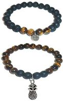 Hidden Hollow Beads Charm Tigers Eye and Black Lava Natural Stone Women's Yoga Beaded Stretch Bracelet Set. Comes in A Gift Box! (Pineapple)