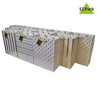 10x5x13" 12 Pcs. Large Metallic Gold Paper Gift Bags with Handles, Birthday Party Favor Bags, Chevron Polka Dot Chevron Polka Dot Stripe Patterns