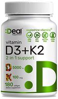 Vitamin D3+K2,180 Veggie Softgels, Super Extra Strength Formula, 5000 IU Vitamin D3 & 100mcg Vitamin K2 (MK-7), Promotes Heart,Bone&Teeth Health - Very Easy to Swallow