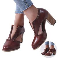 Woman Girls PU Leather Shoes Round Toe Loafers Mid Square Heels Sandals Weaved Brim Non Slip Office Lady Work Sandals (Brown, 6 M US)