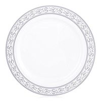 Posh Setting Premium Collection 40 Pack China Look 10.25 Inch White/Silver Plastic Dinner Plates, Fancy Disposable Dinnerware
