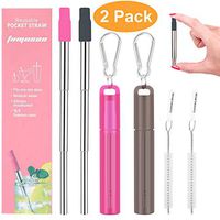 2 Pack Reusable Portable Metal Straws, Fomuson Telescopic Foldable Stainless-Steel Drinking Straw with Case and Cleaning Brush Carabiner for Coffee Juice Smoothie Milkshake BPA Free (Pink, Grey)