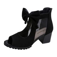 KANGMOON Women Heel Sandals Women's Ladies Flock Bowknot Tulle Square High Heels Sandals Roman Shoes 34