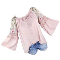 Xia&Han Women's Embroidery Floral Shirts V-Neck Blouse Flare Sleeve Tops Pullover Casual Tunic Pink