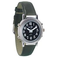 Tel-Time Ladies Chrome Talking Watch - Black Face, Leather Band