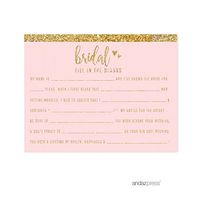 Andaz Press Blush Pink Gold Glitter Print Wedding Collection, Fill in The Blanks Advice for The Bride-to-Be Bridal Shower Game Cards, 20-Pack