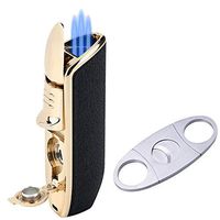 BS Cigar Cutter and Lighter Set, Cigar Punch Lighter Triple Jet Flame Butane Cigarette Torch Lighter (Black Lichee Pattern+Golden)