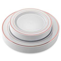 50 Disposable White Rose Gold Rimmed Heavy Duty Plastic Plates | 25 Dinner Plates and 25 Dessert or Appetizer Plates | Premium Combo Disposable Dinnerware Set | Great for Parties or Weddings.
