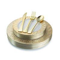 100 Piece Gold & White Disposable Plastic Plates & Plastic silverware Set Heavyweight Place Setting | Service For 20 Guests Includes 20 Dinner Plates 20 Dessert Plates 20 Forks 20 Spoons 20 Knives