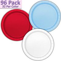 96 Paper Dinner Plates (9") - Light Blue, Red, White - 32 Per Color, 3 Colors - Great Assortment for Birthday Parties, Weddings, Holidays, Baby Shower, Celebrations, and more
