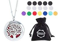 Aromatherapy Necklace -Tree of Life Design - Essential Oils Diffuser Jewelry 25mm Diameter Surgical Stainless Steel Locket/ Pendant w/ 24” Chain+17 Aromatherapy Refill Pads - Silver