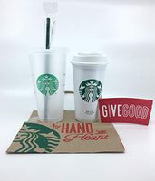 Starbucks Reusable Hard Plastic Venti 24 fl oz Frosted Ice COLD Drink Cup With Lid and Green Straw w/Stopper Limited Edition 2018 and Classic Siren Grande Cup for HOT and COLD Drinks Gift Bundle