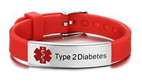 JF.JEWELRY Type 2 Diabetes Medical Alert ID Bracelet for Women with Silicone Wristband Bangle-8 Size Adjustable,Red