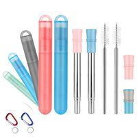 2 Pack Reusable Metal Straws Collapsible Stainless Steel Drinking Straws, Portable Telescopic Foldable Straw with Case, Silicone Mouthpiece, Brushes & Carabiner | BPA Free（Healthy Coral&OA Blue）