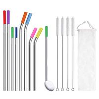 Knnnen Stainless Steel Straws,Set of 8 10.5in 8.5in Reusable Drinking Straws with Silicone Tips for 30oz 20oz Tumblers,Metal Straws with 1 Drinking Spoon Straws,1 Pouch and 4 Cleaning Brush