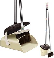 Extendable Broom and Dustpan Set with Lid, Long Handle Stainless Steel Lobby Broom Upright Dust Pan with Teeth Ideal for Dog Cat Pets Home Kitchen Office Use,Beige