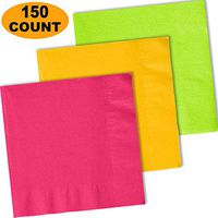 150 Lunch Napkins, Electric Pink, Sunshine Yellow, Lime Green - 50 Each Color. 2 Ply Paper Dinner Napkins. 6.5" folded, 13.5" unfolded.
