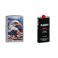 Zippo Mazzi Bald Eagle with Flag Pocket Lighter, Street Chrome with 12 oz Lighter Fluid