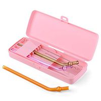 Glass Drinking Straws Reusable Borosilicate Healthy Private Straw with Child-Friendly Bend Spherical Glass Bubble Design, BPA-Free, Set of 3 Multi-Color Straws, 2 Cleaning Brush, 1 Pink Storage Case