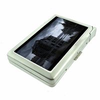 Cigarette Case with Built in Lighter Classic Haunted House S5 Smoking King Size Cigarettes Silver Metal Wallet 4" X 2.75" RFID Protection Halloween Horror Terror