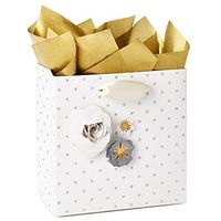 Hallmark Signature 5" Small Gift Bag with Tissue Paper (Paper Flowers; Grey, White, Gold) for Weddings, Birthdays, Bridal Showers, Mother's Day and More