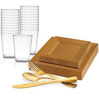 Disposable Plastic Dinnerware Set for 120 Guests - Includes Fancy Square Gold Dinner Plates, Dessert/Salad Plates, Gold Silverware Set/Cutlery & Cups For Wedding, Birthday Party & Other Occasions