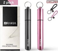 2 Pack | Collapsible Stainless Steel Rainbow Straws | Collapsible Folding Straws | ECO Friendly Straws | Portable Straw | Food Grade Silicone Tip Straws | BONUS Keychain Straw (Black/Pink)