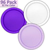96 Paper Dinner Plates (9") - White, Neon Purple, Lavender - 32 Per Color, 3 Colors - Great Assortment for Birthday Parties, Weddings, Holidays, Baby Shower, Celebrations, and more