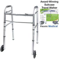 Vaunn Medical Two Button Folding Walker with Wheels, Adjustable Height and Detachable Legs