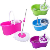 4 Pcs 360-Degree Rotary Head Stretchable Ultra Slim Microfiber Mop with Bucket & Dual Mop Heads (Pink, Plastic Bucket)