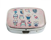 XUTAI Custom Personalized Square Stainless Steel Silver Glass Travel Pill Case Vitamin Decoration Box (Cute Colorful Owl Friends)